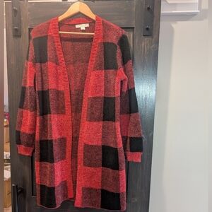 Monteau Red and Black Checkered Cardigan